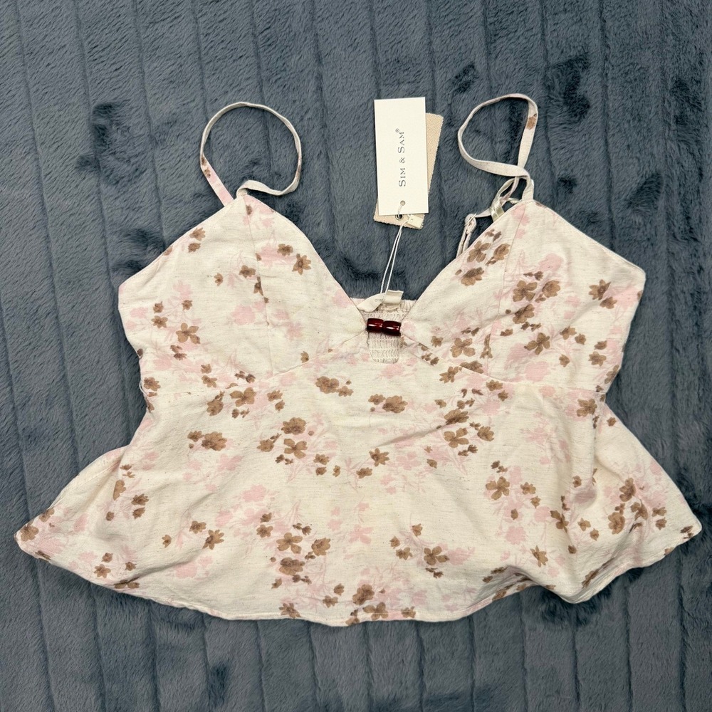 Sim & Sam Womens XL Floral Linen Blend Camisole Smocked Peplum Tank Top Cream